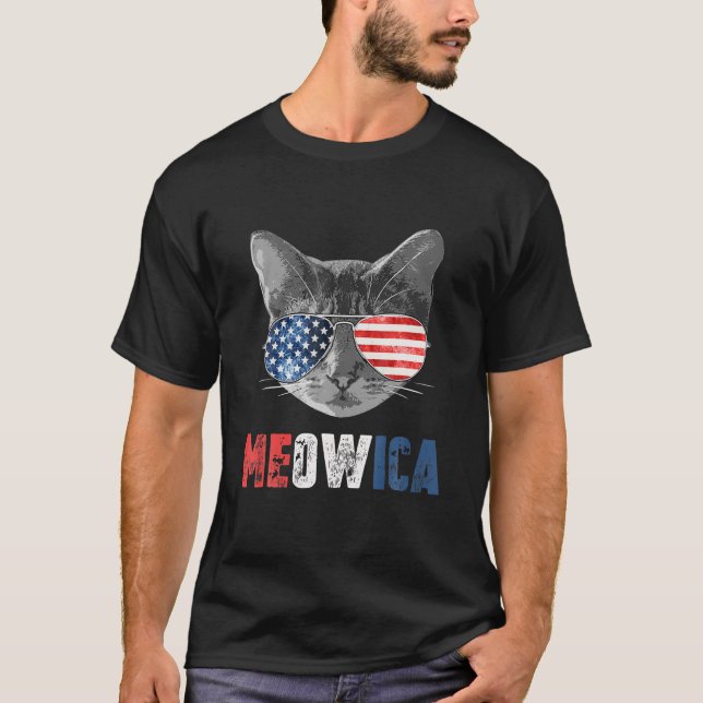 T-shirt Chat 4 juillet S Meowica Merica Hommes USA Amériqu (Devant)