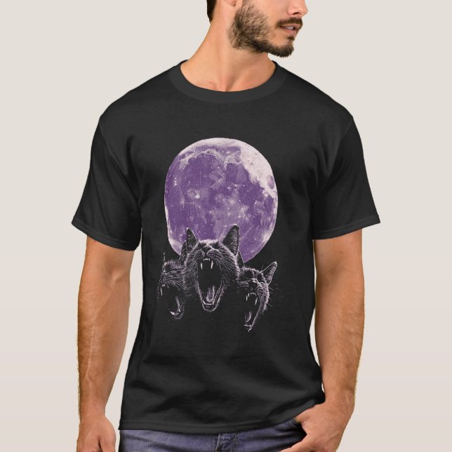 T-shirt Chat à 3 Têtes Mème Phase de Pleine Lune Sorcière  (Devant)