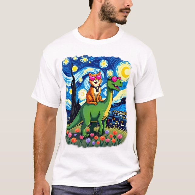 T-shirt Chat à cheval sur un dinosaure T-Rex Nuit étoilée  (Devant)