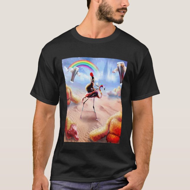 T-shirt Chat à cheval sur un flamant rose avec des nuggets (Devant)