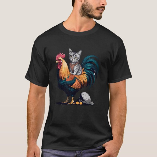 T-shirt Chat à Cheval sur un Poulet Drôle Tabby Gris Samou (Devant)