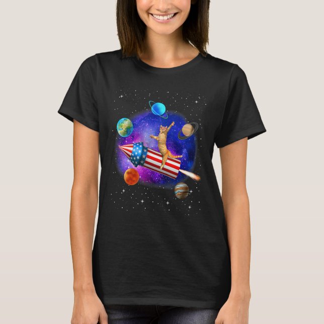 T-shirt Chat à cheval sur une fusée feu d'artifice Meowica (Devant)