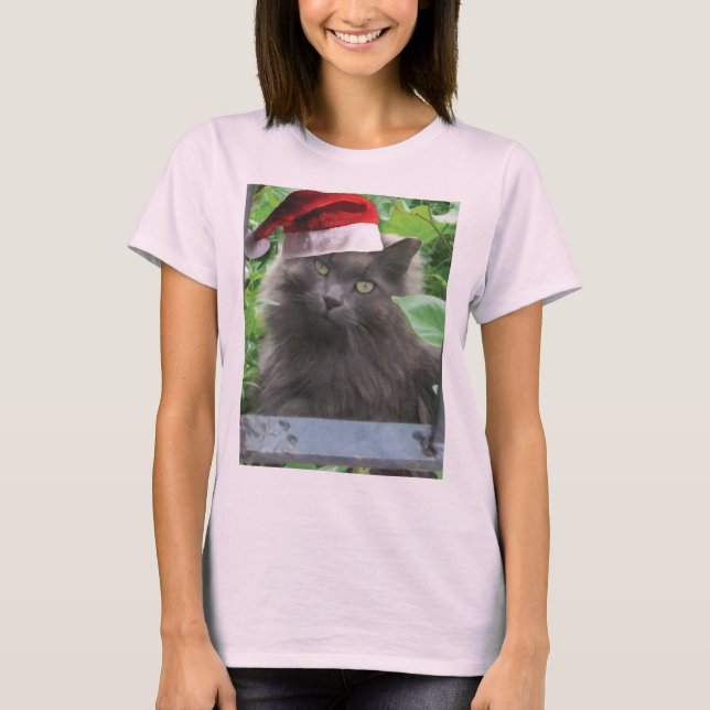 T-shirt Chat à cheveux longs bleu russe de Noël (Devant)