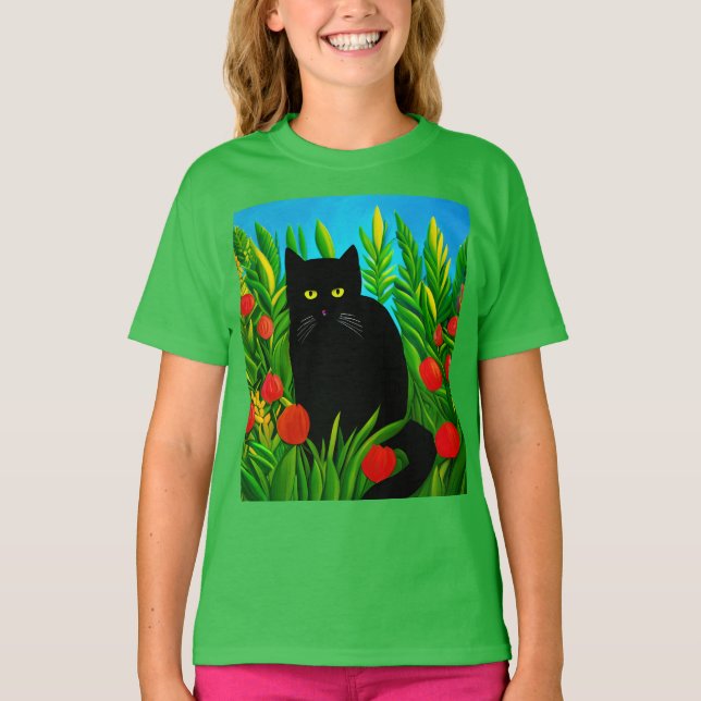 T-shirt Chat à l'oeil vert dans un jardin fleuri Tee's (Devant)