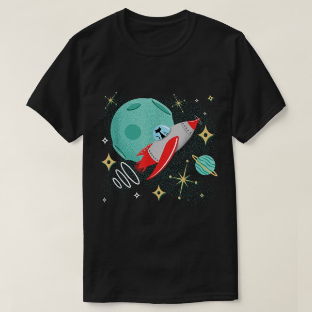 T-shirt Chat à Rocket Atomique amusant Mid-Century Chat Fu (Design devant)