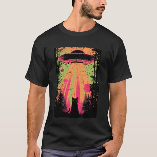 T-shirt Chat Abduction UFO Sci-Fi Rétro Art Alien G (Devant)
