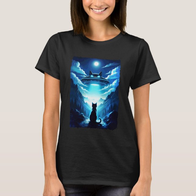 T-shirt Chat Alien UFO vaisseau spatial ciel nocturne fant (Devant)