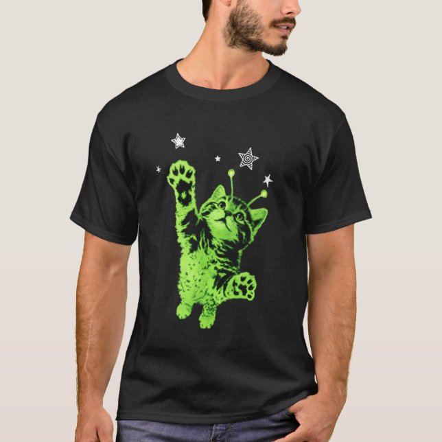 T-shirt Chat alien Y2K sautant les étoiles (Devant)