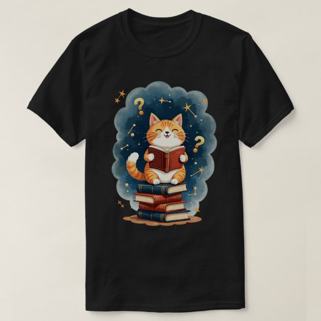 T-shirt Chat amateur de livre dans l'espace lisant une con (Design devant)