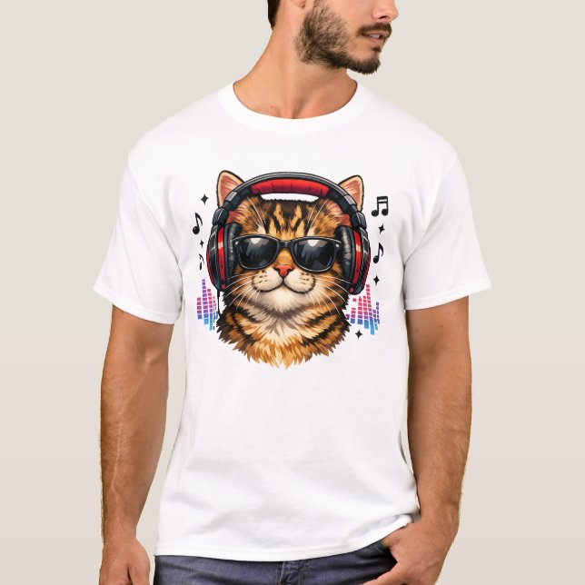 T-shirt Chat amateur de musique avec casque audio (Devant)