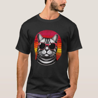 T-shirt Chat américain à poil court Rétro Vintage Lunettes