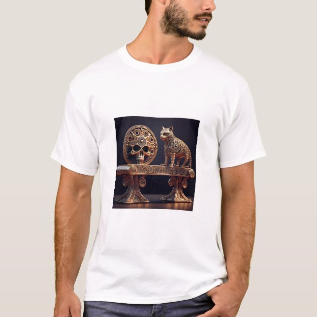 T-shirt Chat Android Doré Sur Piédestal Avec Bouclier De C (Devant)