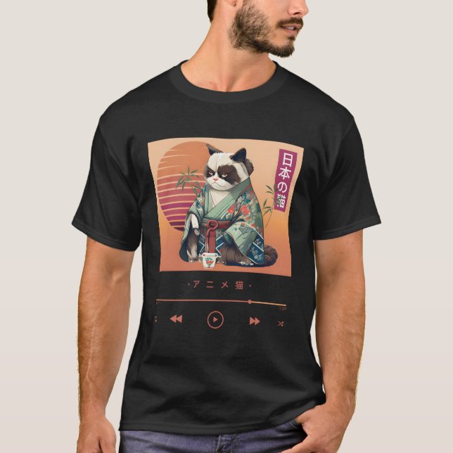 T-shirt Chat Anime En Kimono Traditionnel (Devant)