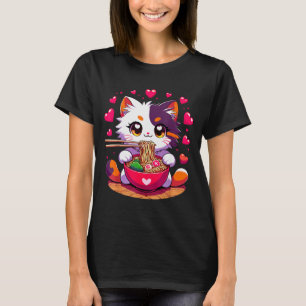 T-shirt Chat Anime Mangeant des Nouilles Ramen Avec des Cœ