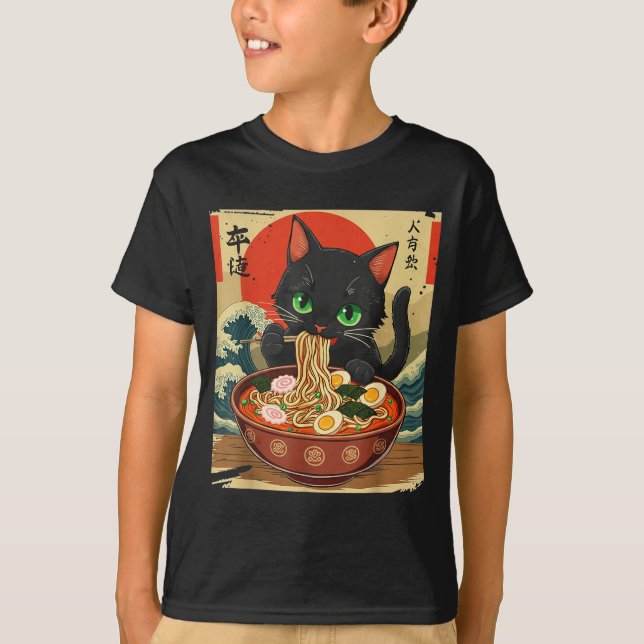 T-shirt Chat Anime Mangeant Ramen Art Japonais Graphique C (Devant)