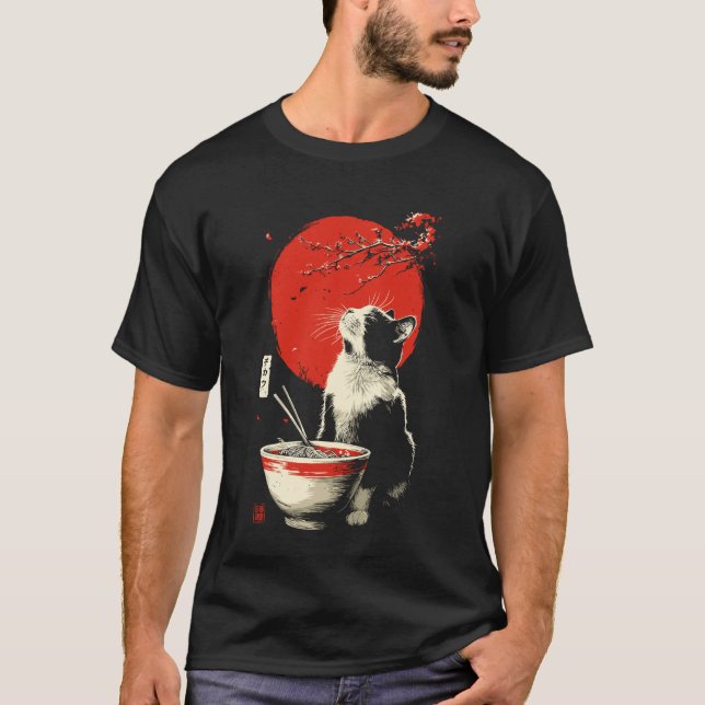 T-shirt Chat Anime Mangeant Ramen Esthétique Japonais Kawa (Devant)