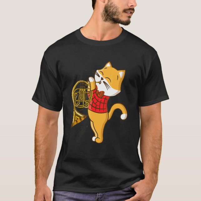 T-shirt Chat appréciant l'instrument de musique cor d'harm (Devant)