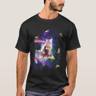 T-shirt Chat Arc-en-ciel Laser Yeux Chevauchant Pizza Astr