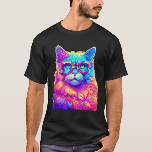 T-shirt Chat Arc-en-Ciel Néon Portant des Lunettes Abstrai (Devant)