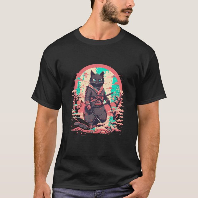 T-shirt Chat Art Japonais Chat Ninja Ukiyo e Anime Samurai (Devant)