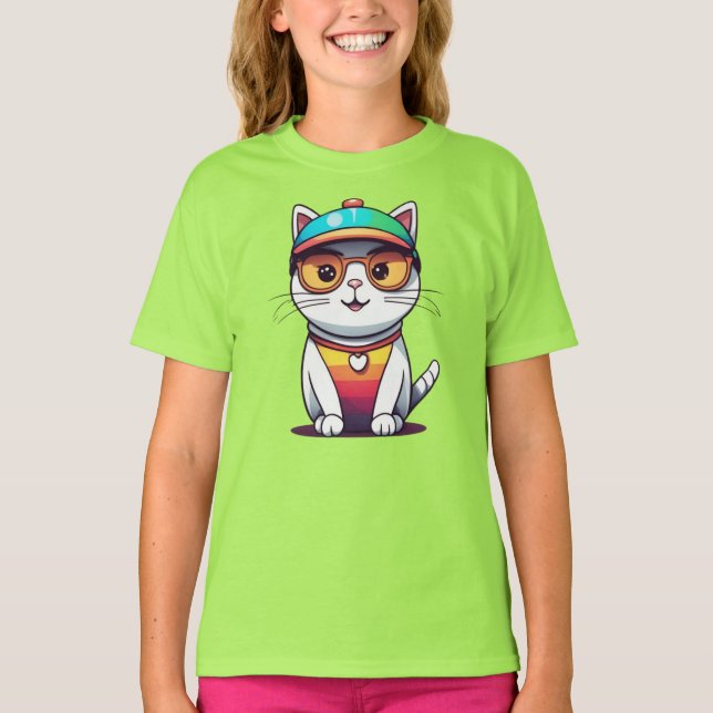 T-shirt Chat assis Portant Des Lunettes Et Casquette (Devant)