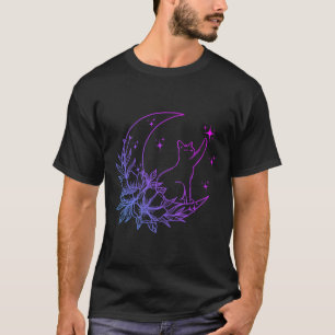T-shirt Chat Assis Sur Crescent Lune Fleurs Étoiles Femmes