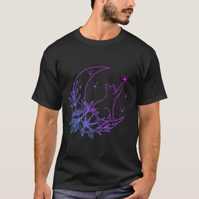 T-shirt Chat Assis Sur Crescent Lune Fleurs Étoiles Femmes (Devant)