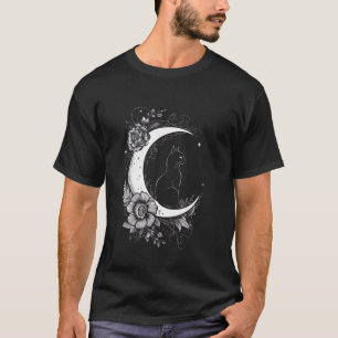 T-shirt Chat Assis Sur Fleurs De Lune Croissante Étoiles D