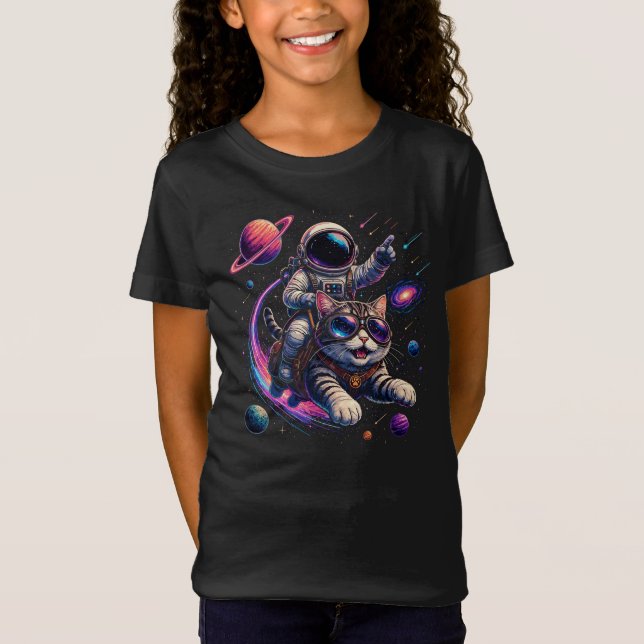 T-Shirt Chat astronaute chevauchant à travers l'espace (Devant)
