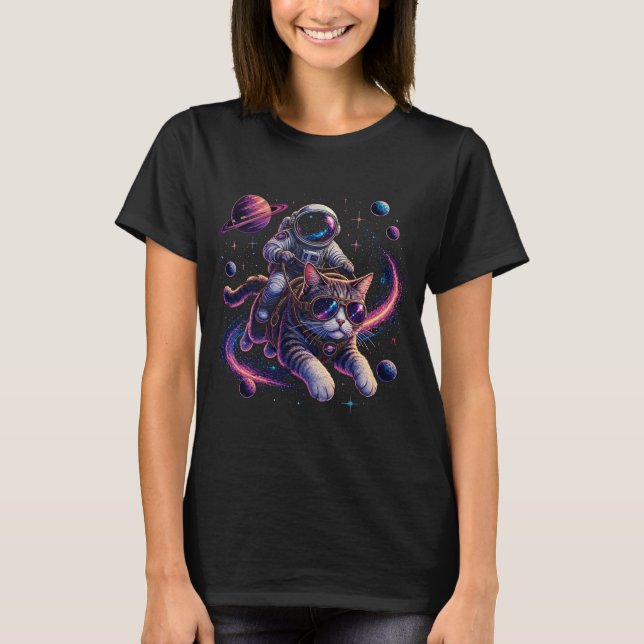 T-shirt Chat astronaute chevauchant à travers l'espace (Devant)