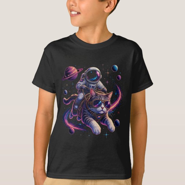 T-shirt Chat astronaute chevauchant à travers l'espace (Devant)