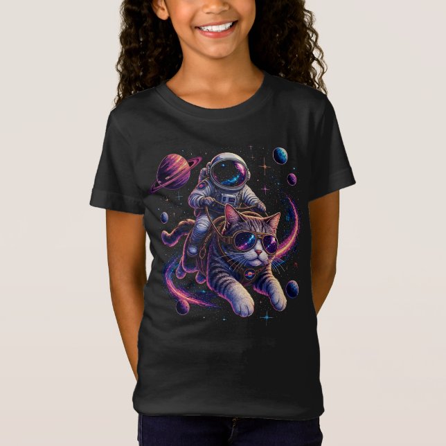 T-Shirt Chat astronaute chevauchant à travers l'espace (Devant)