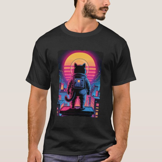 T-shirt Chat Astronaute Cité Coucher de Soleil Rétro Synth (Devant)