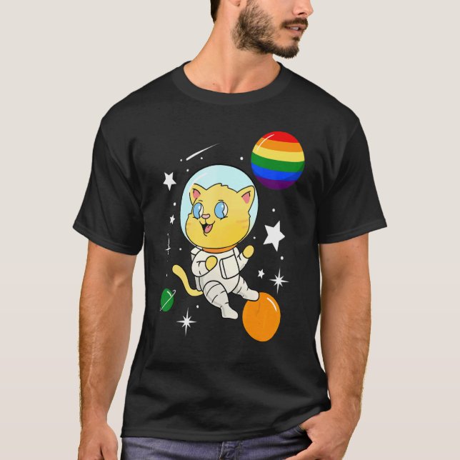 T-shirt Chat Astronaute Dans L'espace Gay Pride Lgbt Drape (Devant)
