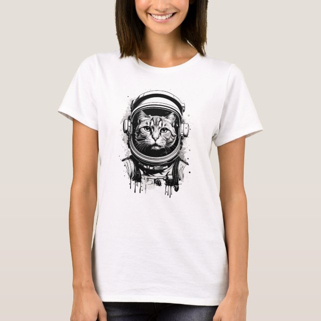 T-shirt Chat astronaute noir et blanc (Devant)