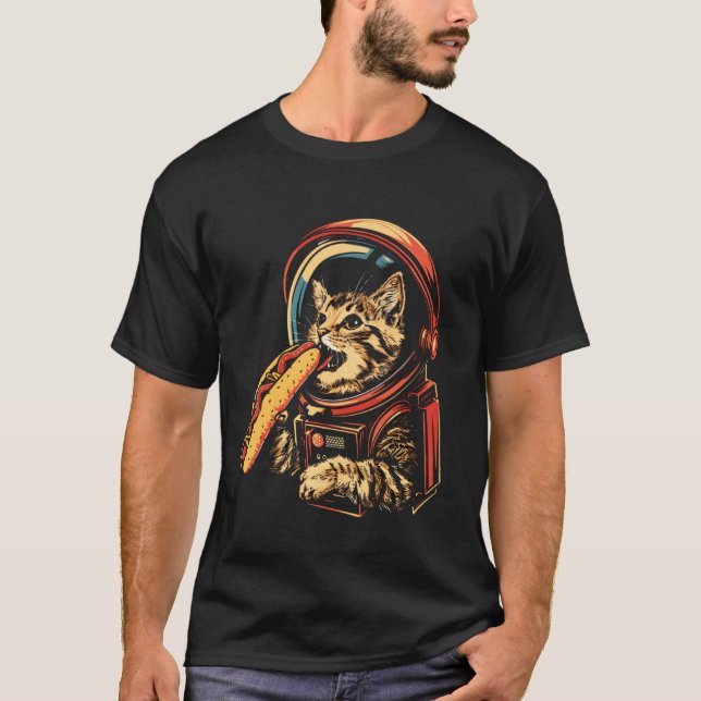 T-shirt Chat astronaute spatial mangeant un hotdog drôle (Devant)