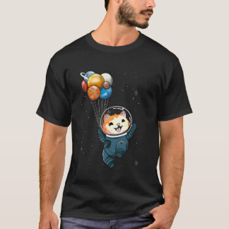 T-shirt Chat astronaute tenant des ballons de planète dans
