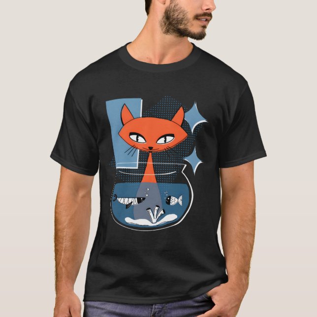 T-shirt Chat Atomique Avec Bol À Poissons De Style Moderne (Devant)