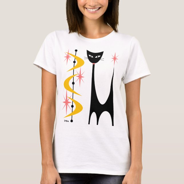 T-shirt Chat atomique du milieu du siècle avec des boomera (Devant)