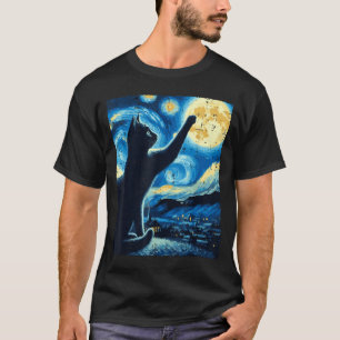 T-shirt Chat Atteignant la Lune Nuit Étoilée Drôle de Chat