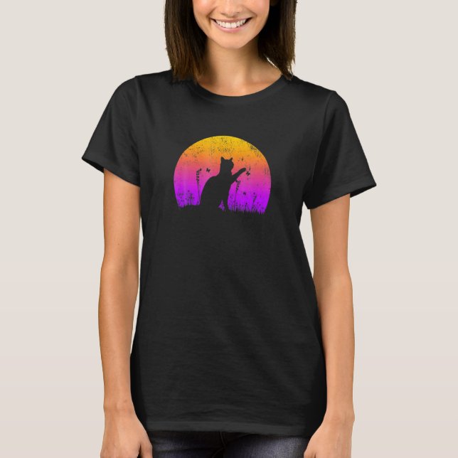 T-shirt Chat au coucher de soleil avec papillon (Devant)