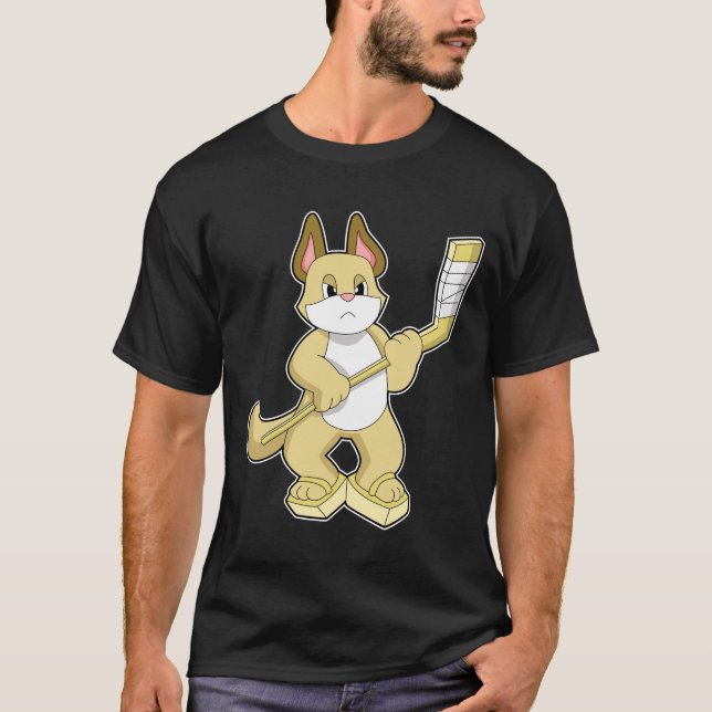 T-shirt Chat au hockey sur glace avec bâton de hockey sur  (Devant)
