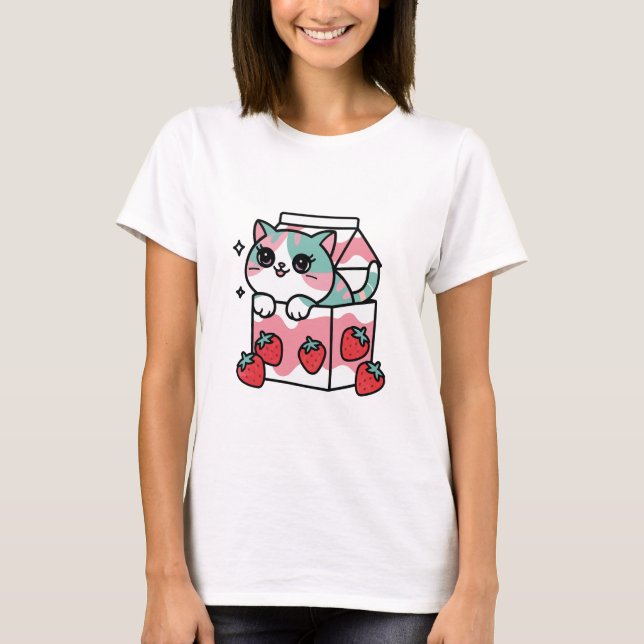 T-shirt Chat au lait de fraise kawaii (Devant)