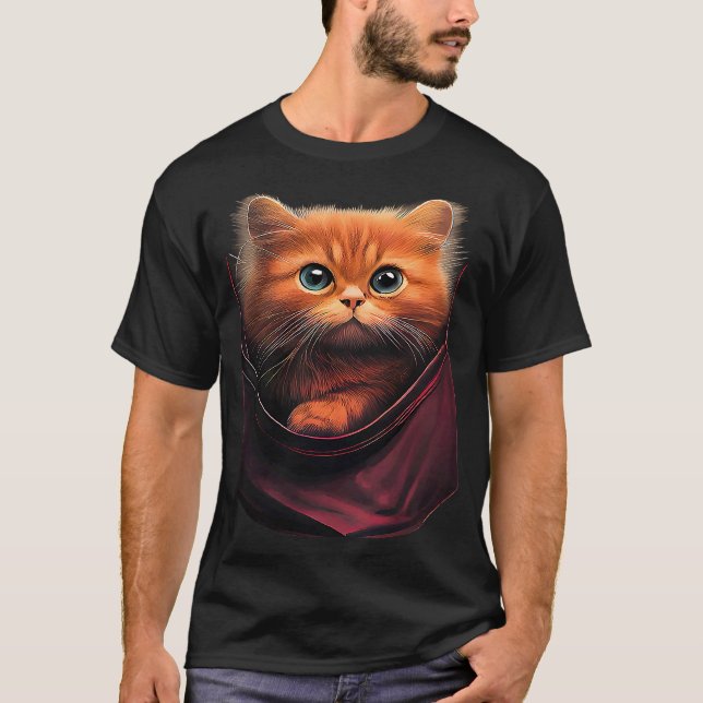 T-shirt Chat aux Cheveux Rouges Assis dans Poche (Devant)