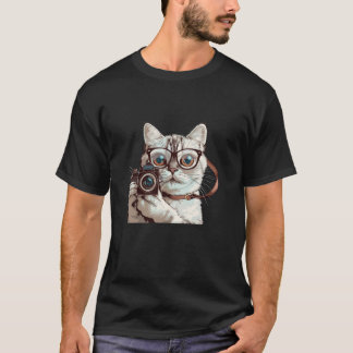 T-shirt Chat aux lunettes amusant avec caméra pour homme e