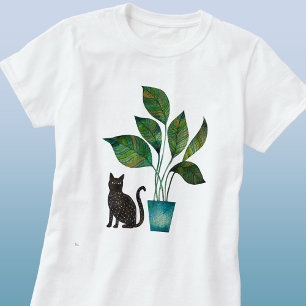 T-shirt Chat avec aquarelle Plante pointé
