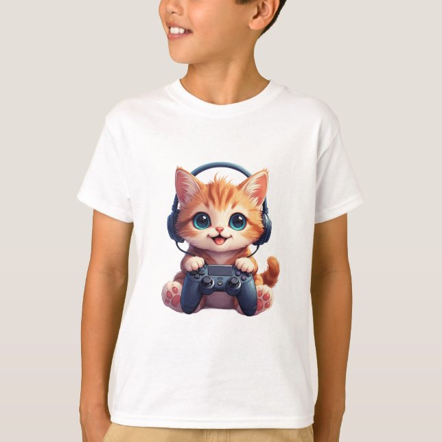 T-shirt Chat avec casque audio et manette (Devant)