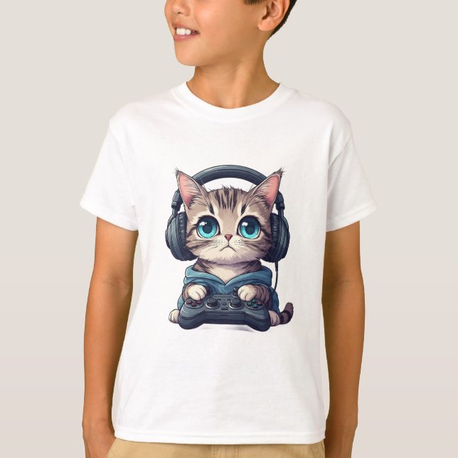 T-shirt Chat avec casque audio et manette (Devant)