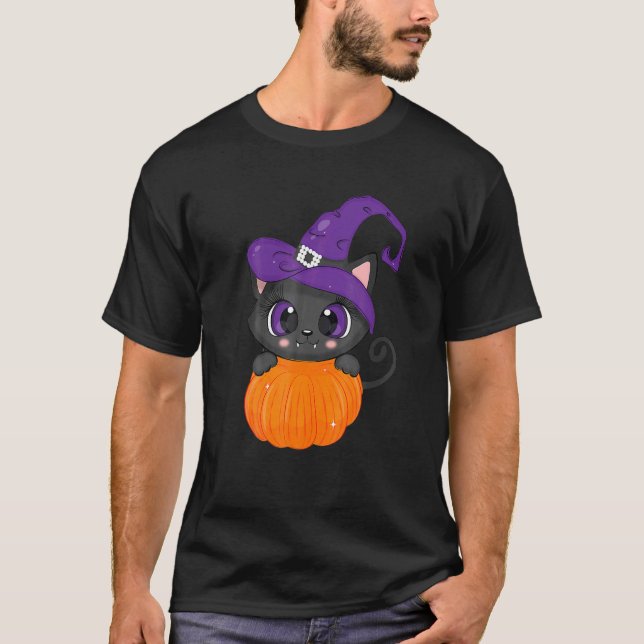 T-shirt Chat avec chapeau de sorcière et citrouille (Devant)