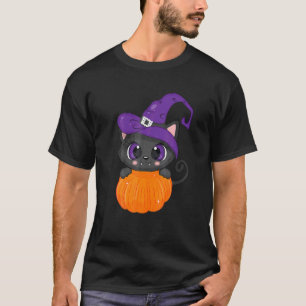 T-shirt Chat avec chapeau de sorcière et citrouille